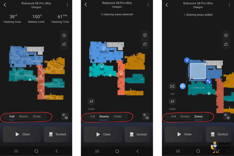 Die Optionen für Einzelzimmer-, Bereichs- und Komplettreinigung sind in der Roborock S8 Pro Ultra App sichtbar.